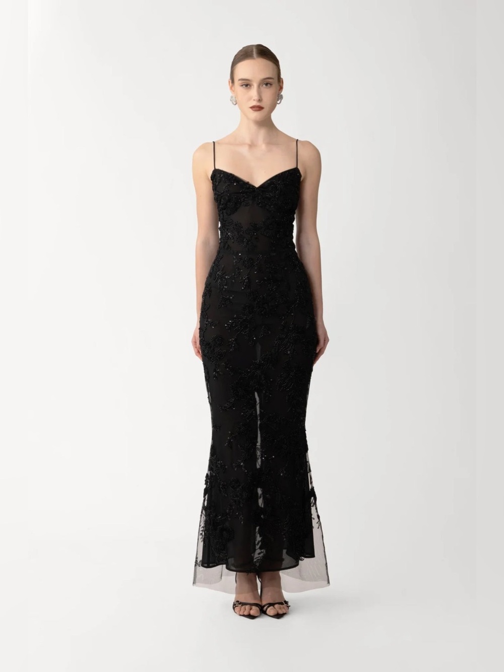 SAU LEE Sammie Beaded Floral Sleeveless Gown Black